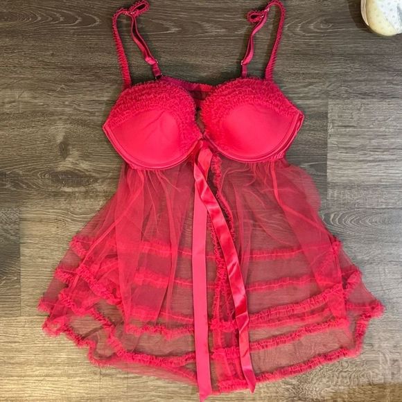 NWOT Victoria’s Secret Sheer Hot Pink Open Baby Doll Top size 36C - Picture 2 of 6